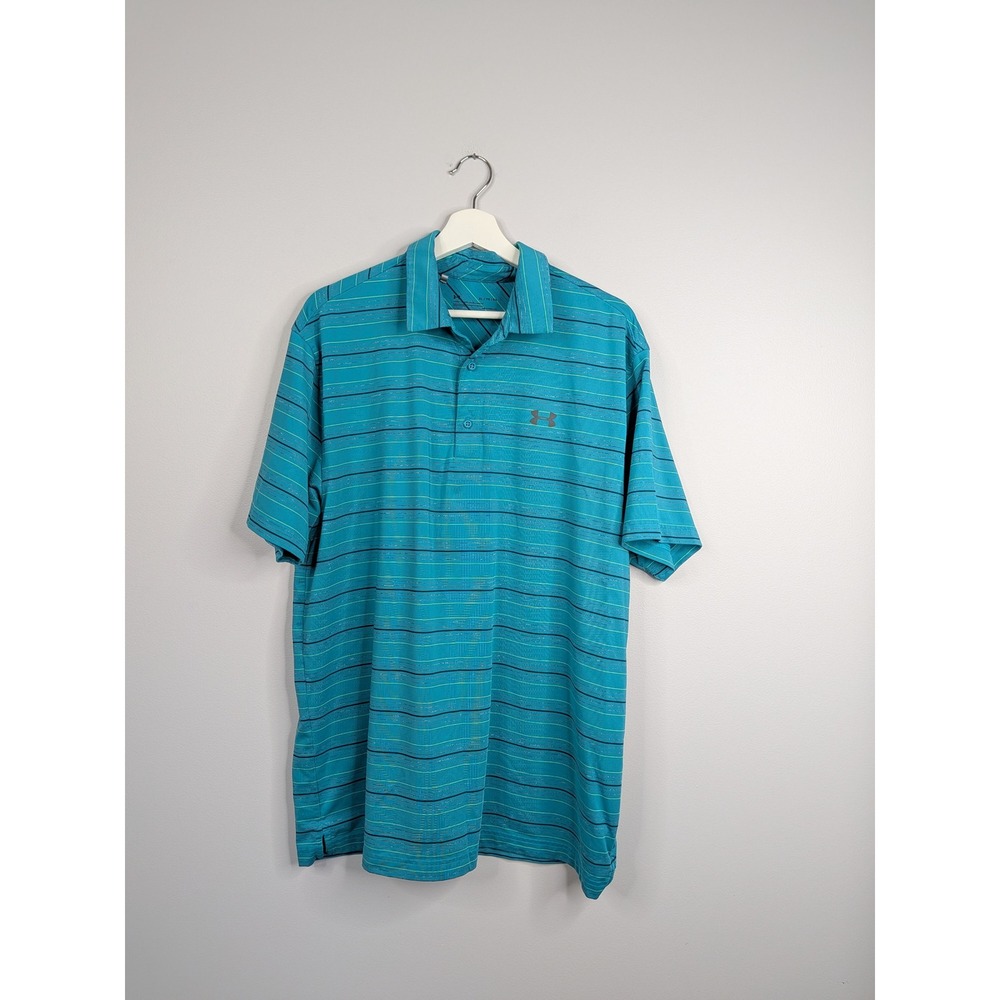 Under Armour Polo Shirt Mens XL Teal Blue Excellent Striped HeatGear Golf Tee